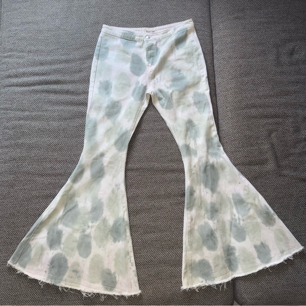 Peach Love California Green White tie dye frayed Flared Bell Bottom Jeans